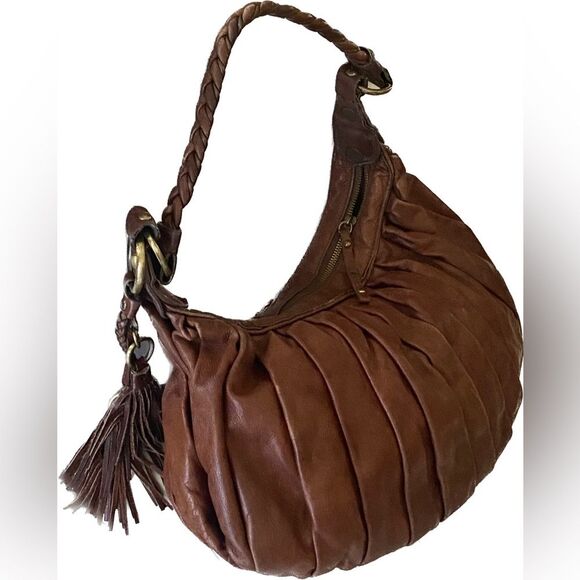 Sabina New York - Large Brown Plated Slouchy Boho Shoulder Leather Bag Coquillle - Picture 2 of 11